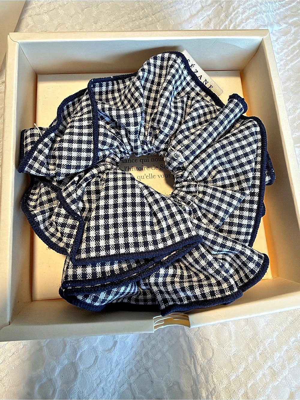 Sézane Gingham Checkered Ruffle Scrunchie Blue & White